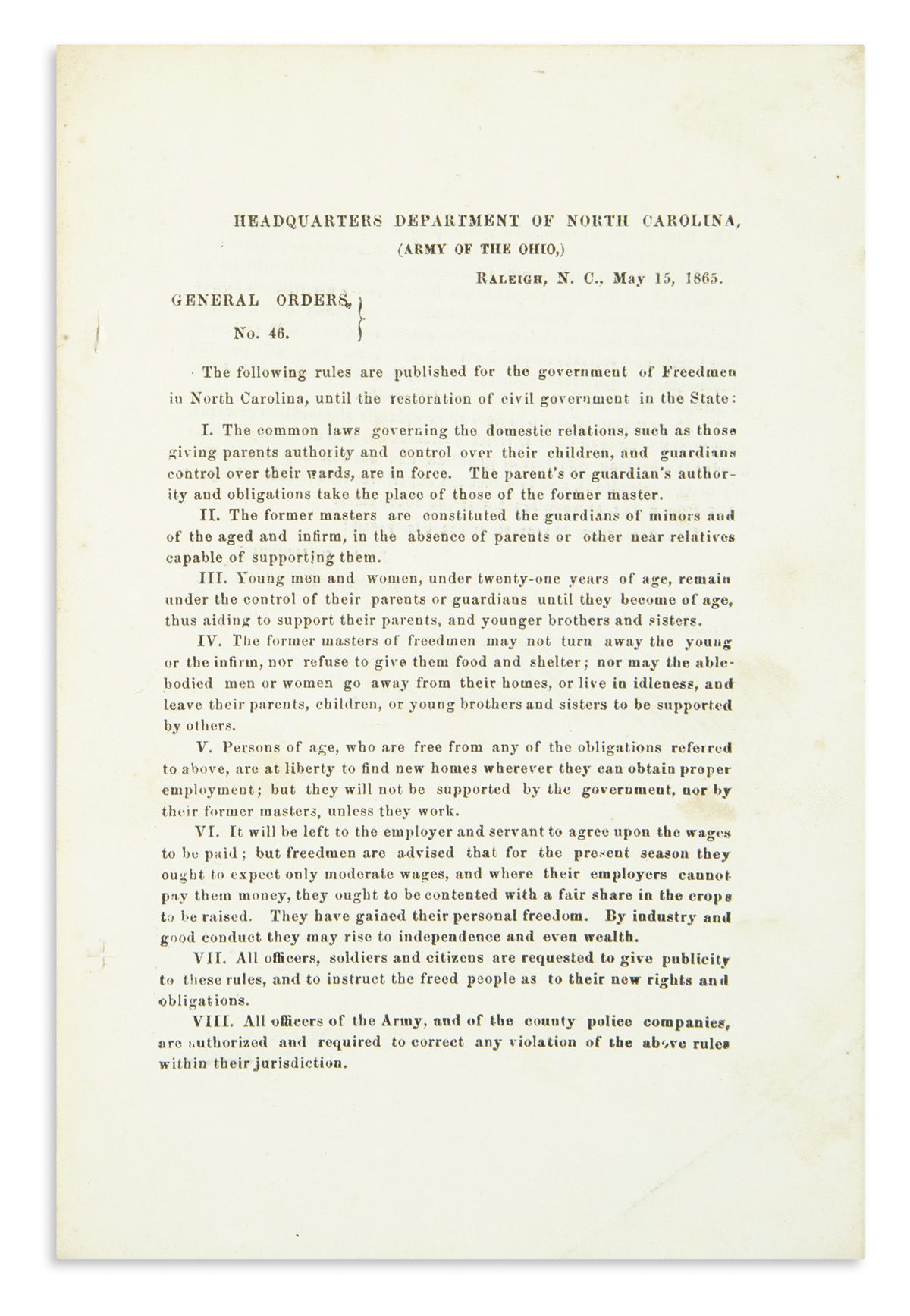 (RECONSTRUCTION.) Campbell, J.A. General order #46 concerning treatment of freedmen in North Carolina just after the end of fighting.